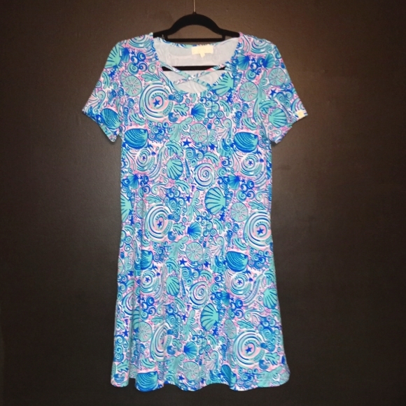 Simply Southern women's short sleeve v-neck neck blue shell pattern dres… - Picture 1 of 8